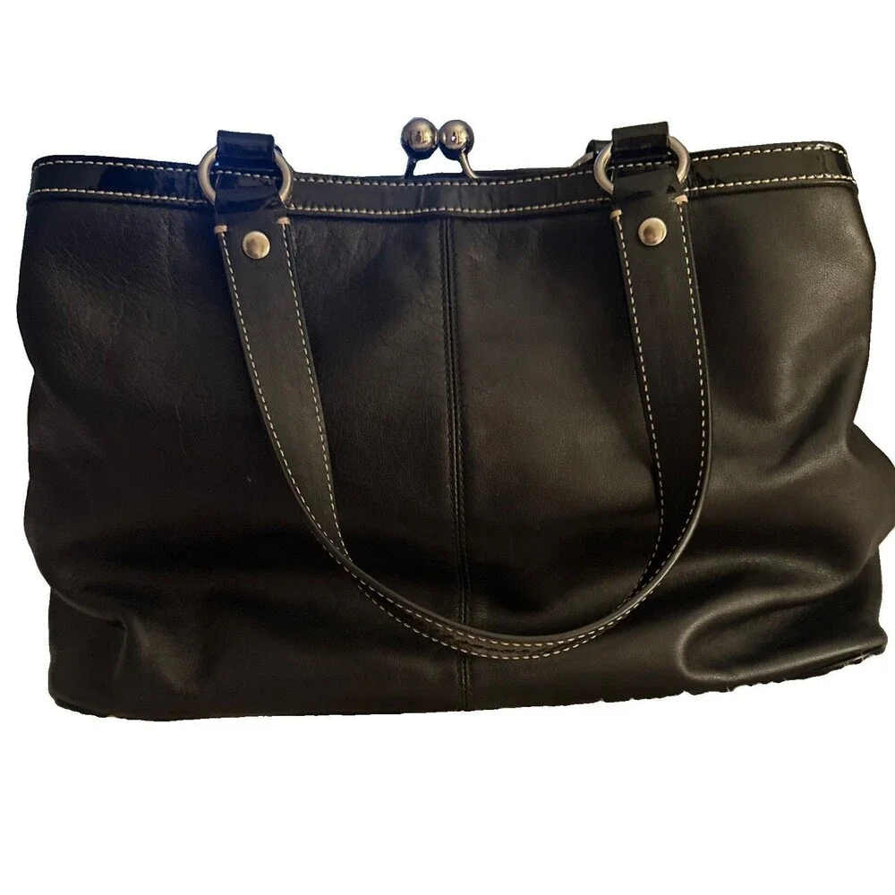 COACH F14866 Y2K Black Leather Handbag LAURA Carryall Kisslock Satchel MSRP $378 - Picture 10 of 11